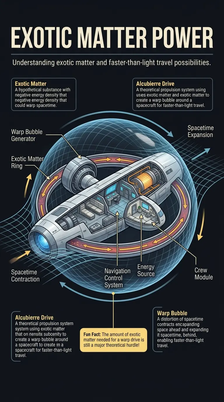 Infographic explaining exotic matter and its potential to power faster-than-light travel, including the Alcubierre drive and its challenges.