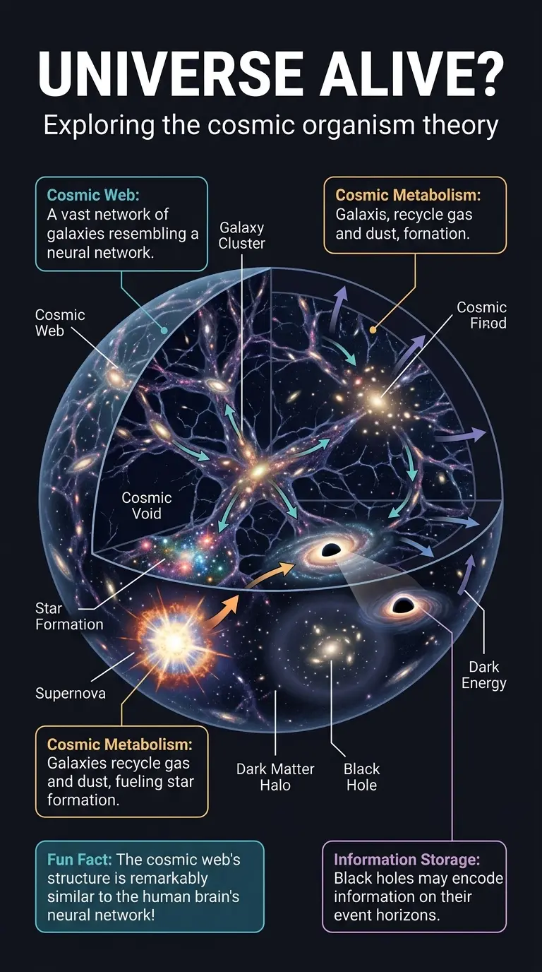 Infographic explaining the theory of the universe as a living organism, highlighting cosmic web, metabolism, information storage, and self-regulation.