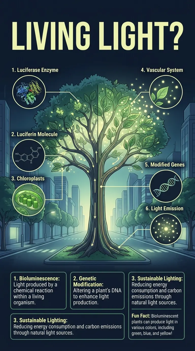 Infographic showing the inner workings of bioluminescent plants lighting up a futuristic city, highlighting key components and processes.
