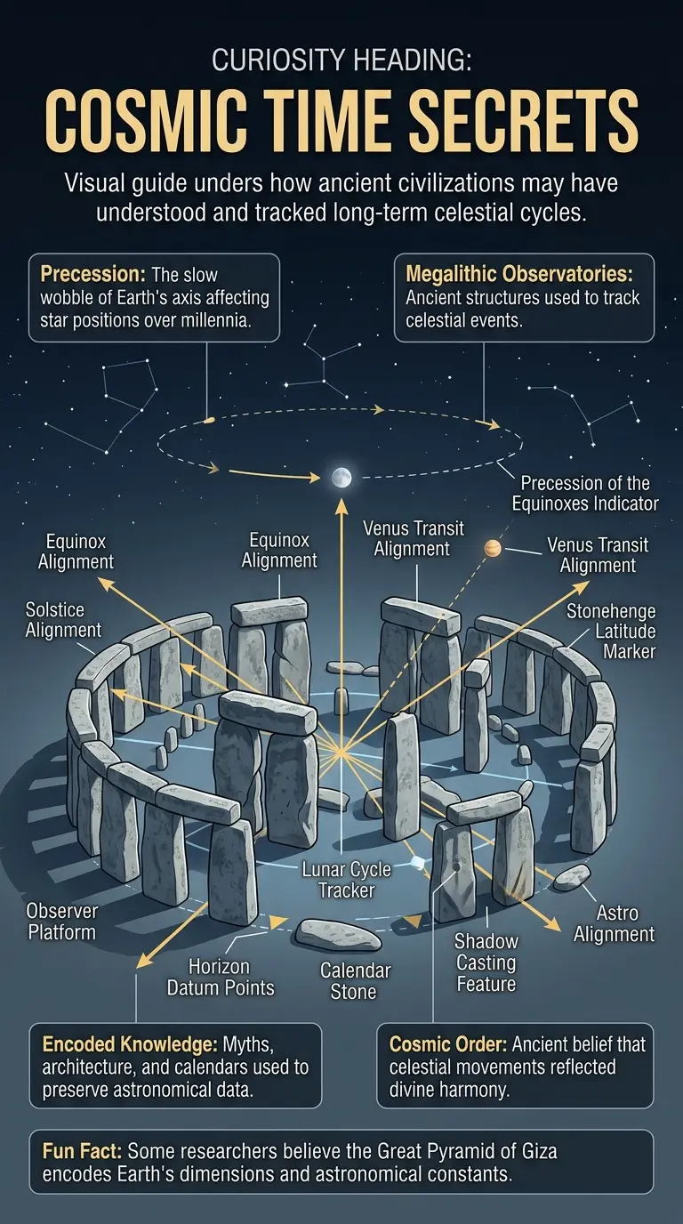 Infographic explaining how ancient astronomers may have decoded cosmic time algorithms by observing celestial patterns and encoding knowledge in myths, architecture, and calendars. #archaeoastronomy #ancienthistory #cosmology