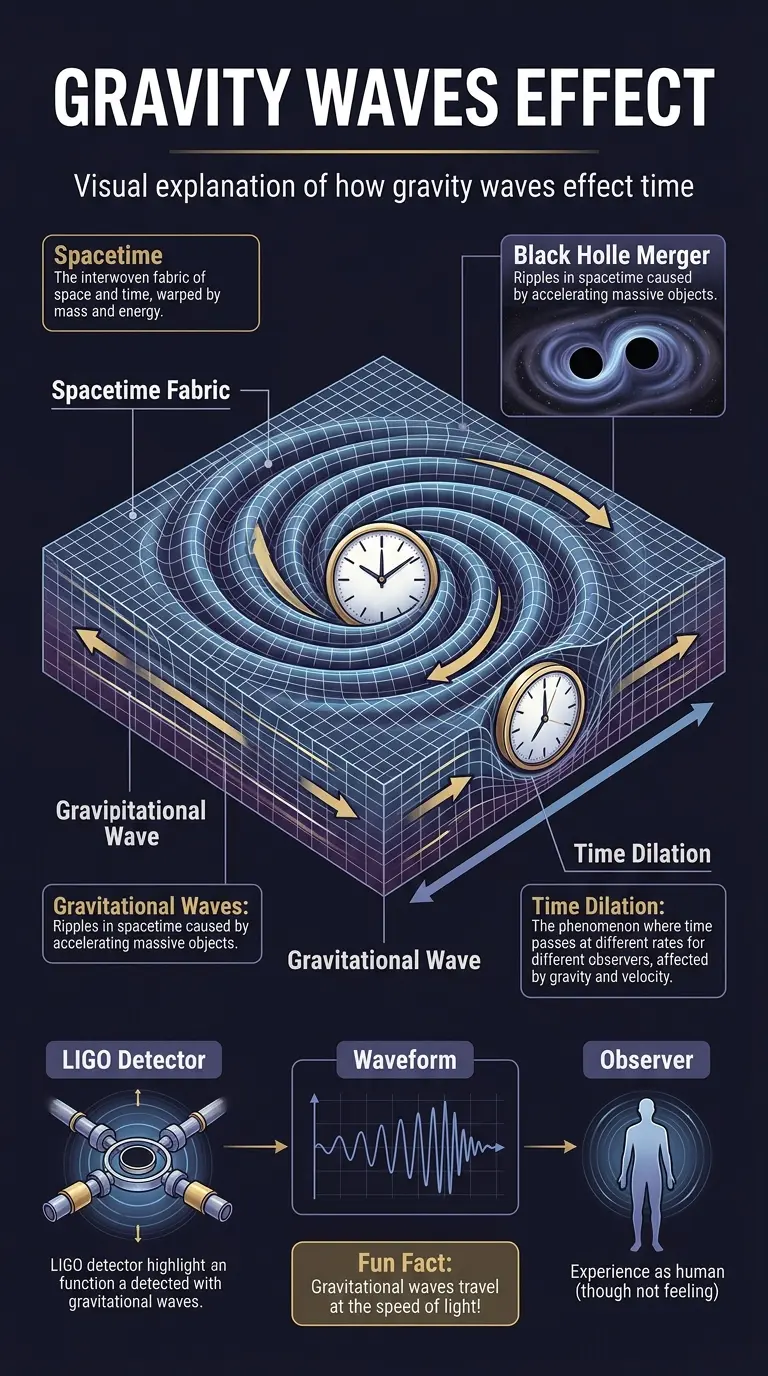 Infographic explaining how gravitational waves warp spacetime, illustrating Einstein's theory of relativity and the impact of cosmic events on time.