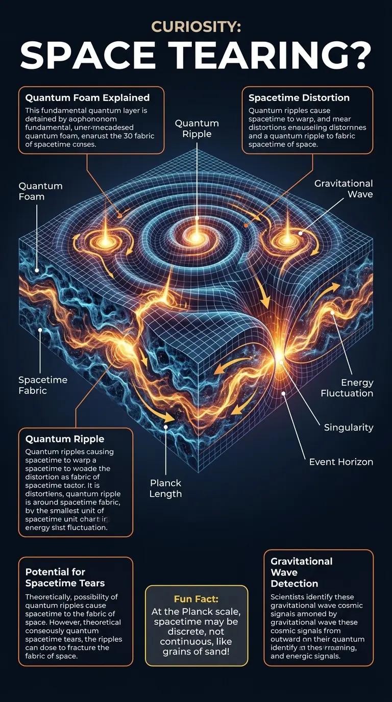 Infographic explaining quantum ripples and their potential to disrupt spacetime, featuring a cutaway illustration of spacetime fabric distorted by quantum fluctuations.