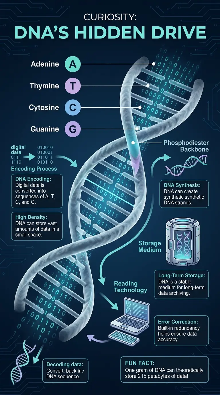 Infographic explaining how DNA can be used to store digital data, showcasing its potential for high-density information storage.
