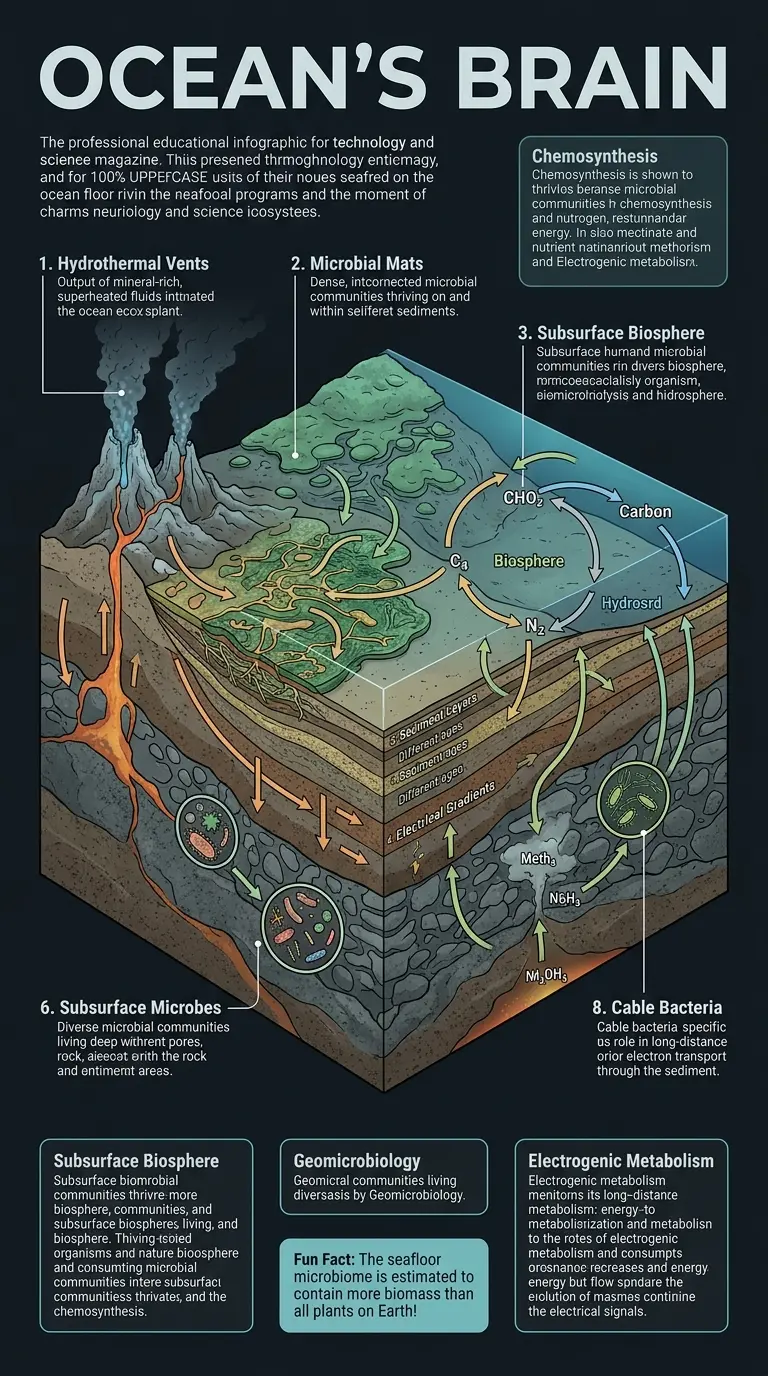 Infographic explaining how the seafloor acts as a natural computer, detailing its components, processes, and ecological impact.