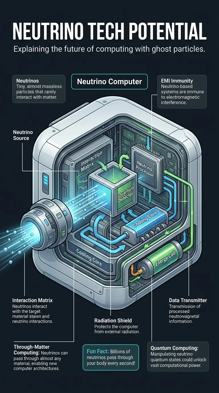 Infographic explaining the potential of neutrino technology for future computing and communication, showcasing a neutrino-powered computer with labeled components and directional arrows, optimized for social media sharing.