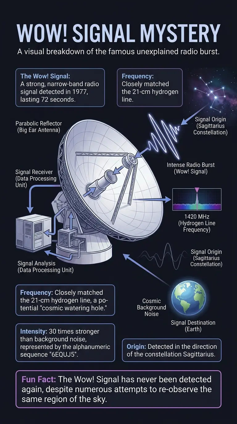 Infographic explaining the Wow! Signal, a mysterious radio signal detected in 1977, exploring its characteristics, potential explanations, and its significance in the search for extraterrestrial intelligence.