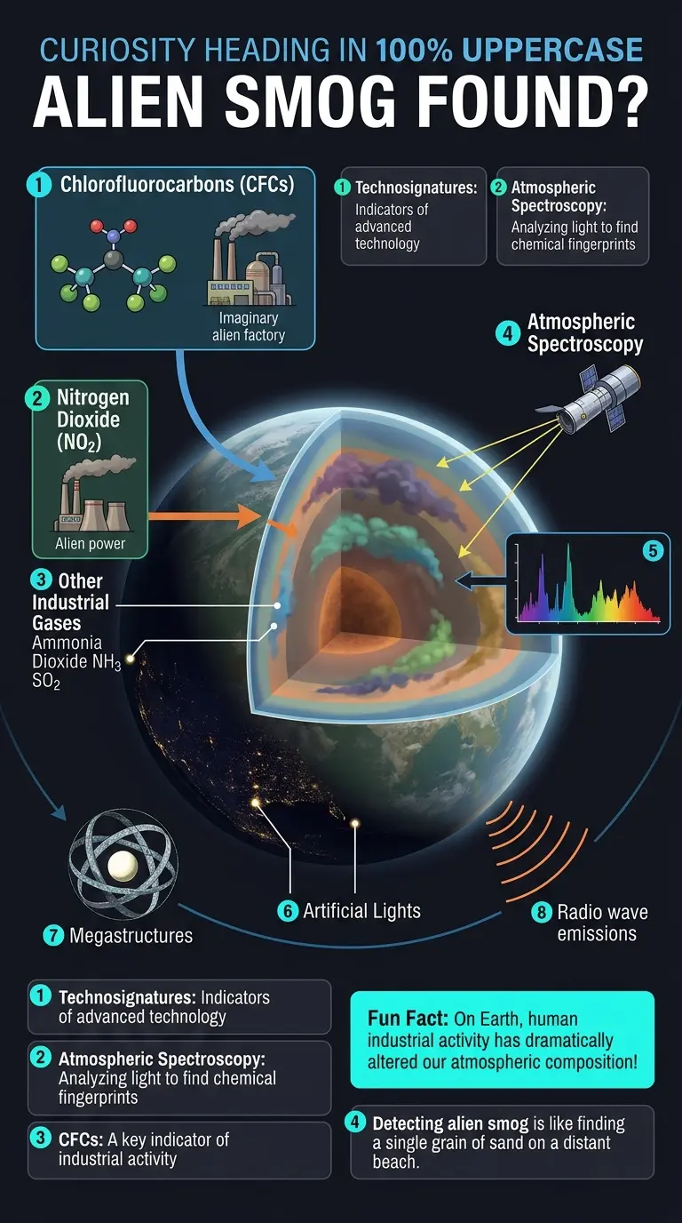 Infographic explaining how scientists are searching for technosignatures like CFCs and other industrial pollutants in exoplanet atmospheres to find evidence of alien civilizations.