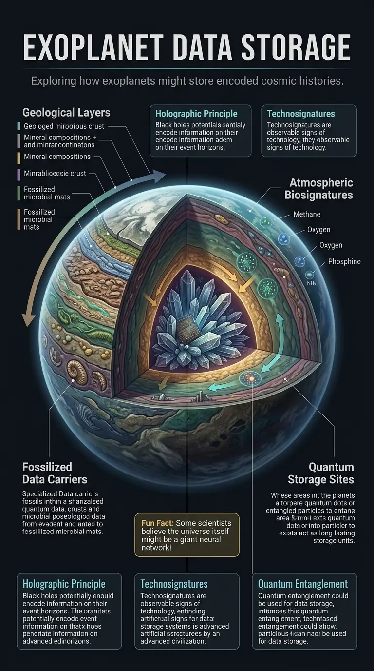 Infographic explaining the concept of exoplanets storing encoded cosmic histories, showcasing potential storage mechanisms and the challenge of decoding them.