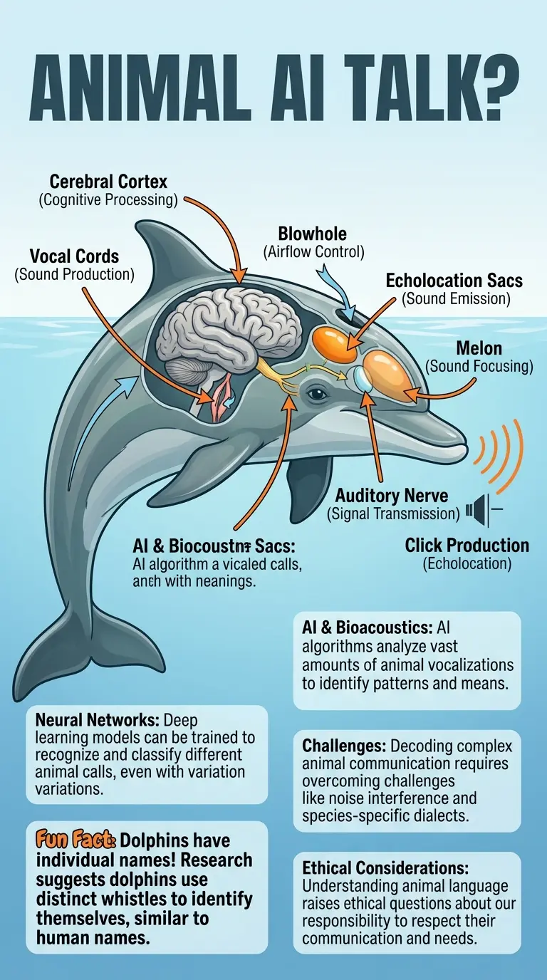 Infographic explaining how AI might be used to translate animal communication and understand their complex languages.