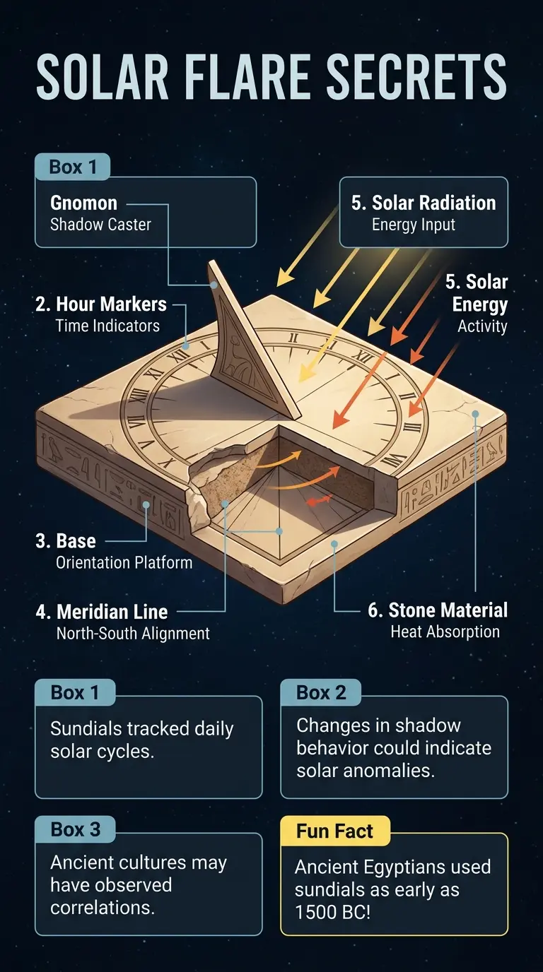 Infographic showing a cutaway view of an ancient sundial and its potential connection to predicting solar flares, highlighting key components and energy flow.