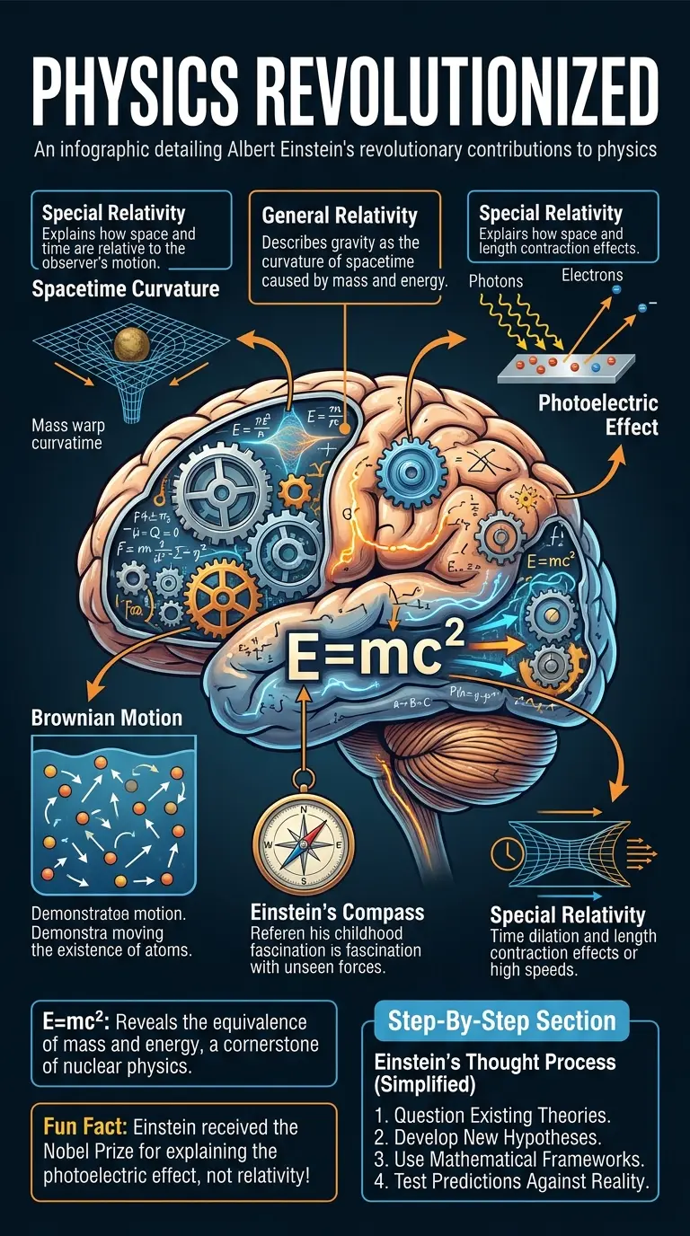 Infographic explaining Albert Einstein's life, theories, and impact on modern physics.
