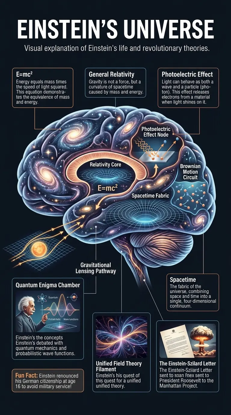 Infographic explaining Albert Einstein's key theories and life events, including relativity, the photoelectric effect, and his impact on science.