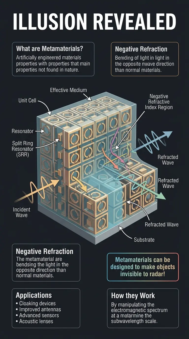 Detailed infographic explaining how metamaterials manipulate light and sound, showcasing internal structure and applications.