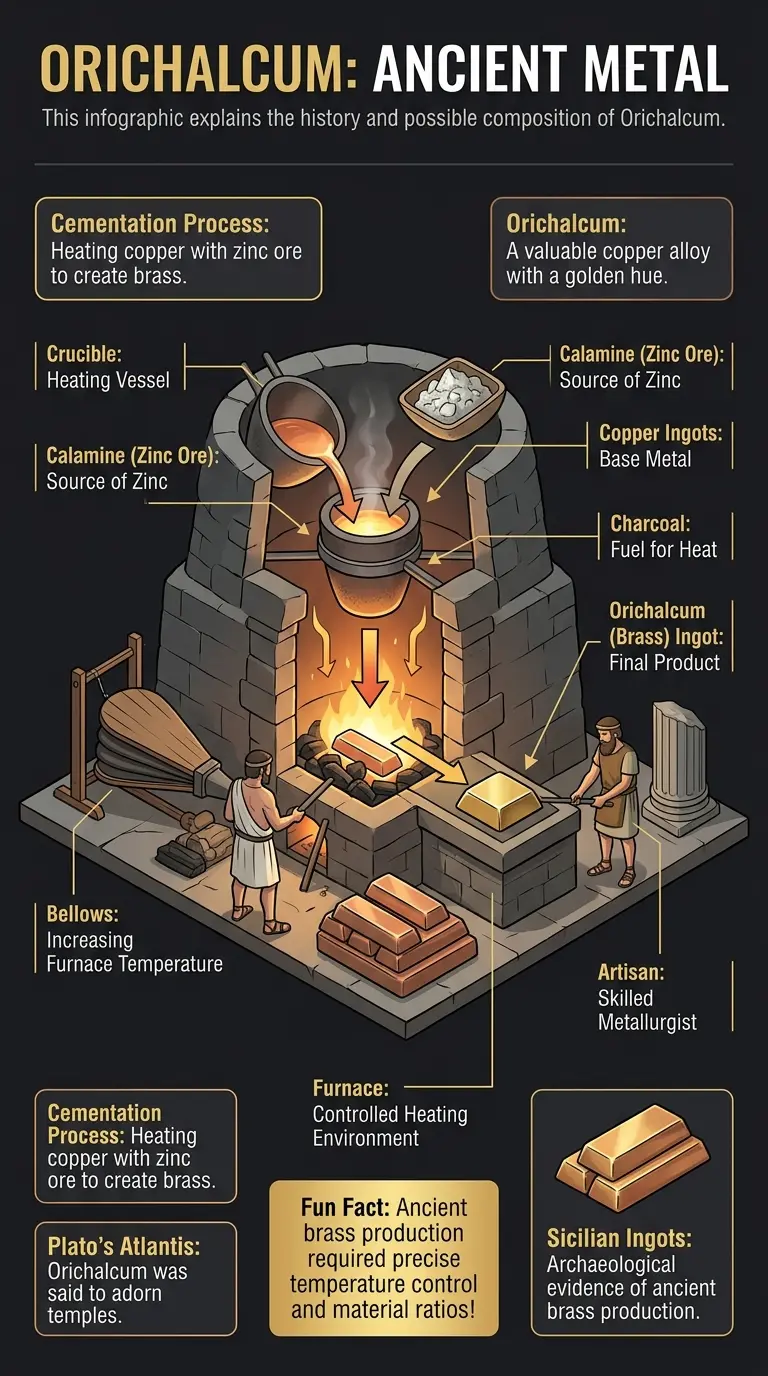 Infographic explaining the history, composition, and uses of Orichalcum, the legendary metal of Atlantis. #Orichalcum #AncientMetals #LostTechnology