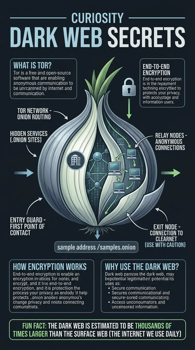 Infographic explaining the inner workings of the Dark Web, including Tor network, encryption, hidden services, and common uses.