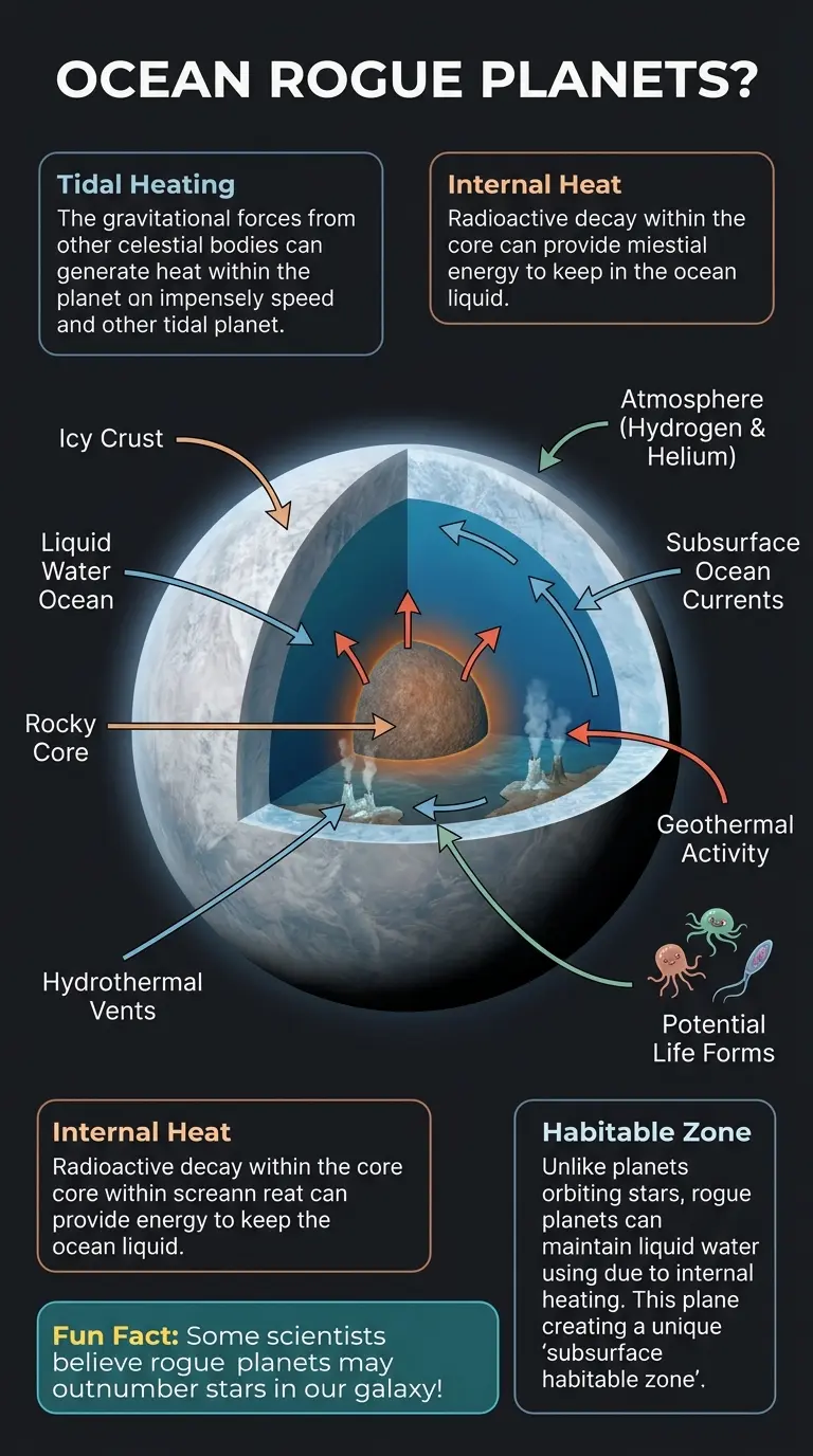 Infographic explaining the potential for oceans of liquid water and alien life on rogue planets, planets that drift through space without orbiting a star.