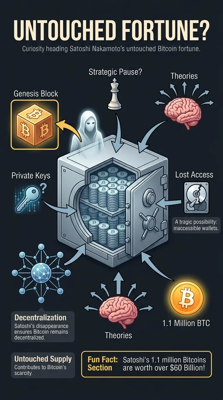 Infographic explaining the mystery of Satoshi Nakamoto's untouched Bitcoin fortune, theories behind the silence, and implications for the cryptocurrency market. #Bitcoin #SatoshiNakamoto #Cryptocurrency #UntouchedBitcoin #Blockchain #CryptoMystery