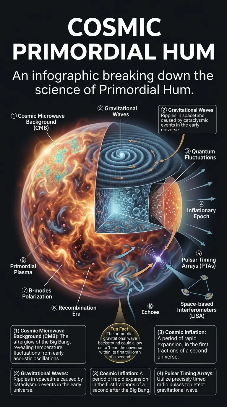Infographic explaining the primordial hum of the universe, including cosmic microwave background, gravitational waves, and detection methods. #cosmology #astrophysics #primordialhum