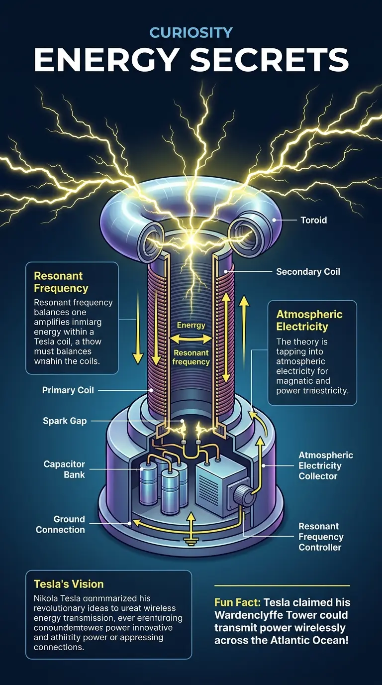 Infographic explaining Nikola Tesla's alleged suppressed free energy technology, featuring a cutaway diagram of a Tesla coil and explanations of resonant energy transfer and atmospheric electricity.