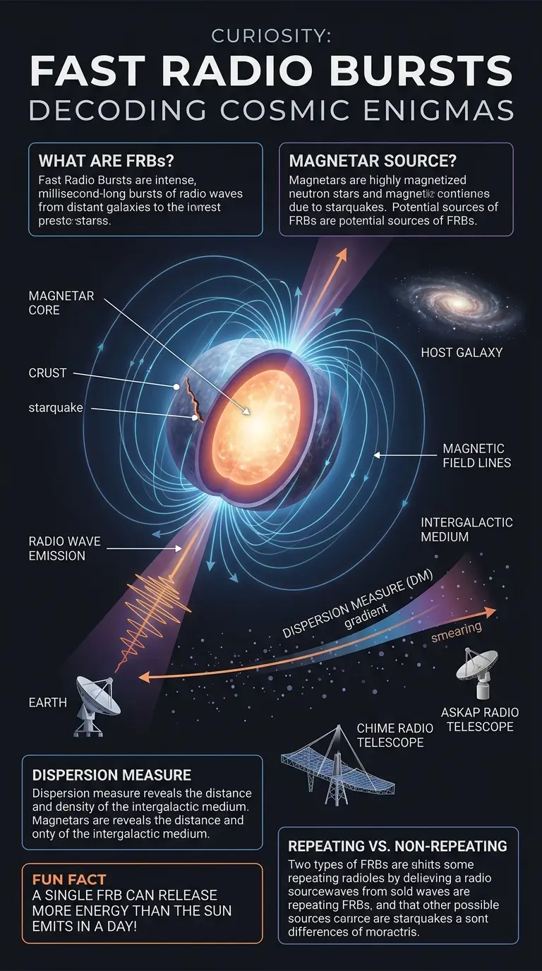 Infographic explaining Fast Radio Bursts (FRBs), their origins, detection methods, and significance in understanding the universe. #FastRadioBursts #FRBs #CosmicEnigmas #Astrophysics #SpaceExploration