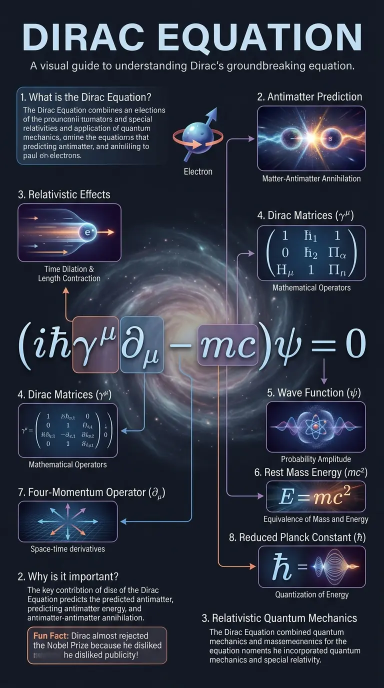 Infographic explaining Paul Dirac's Dirac Equation, its components, and significance in quantum physics.