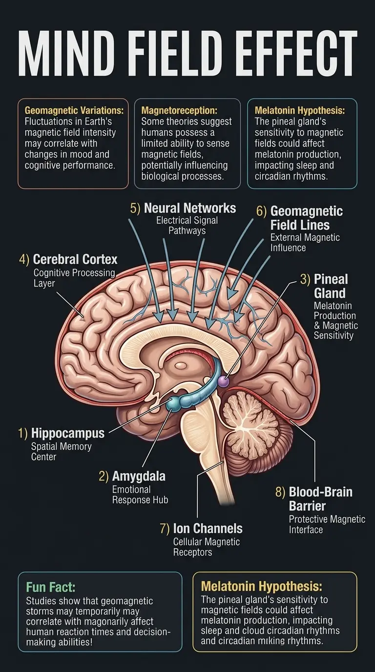 Infographic explaining how Earth's magnetic field may affect human cognition, featuring a cutaway illustration of the brain and labeled components showing the magnetic field interaction with neural activity.