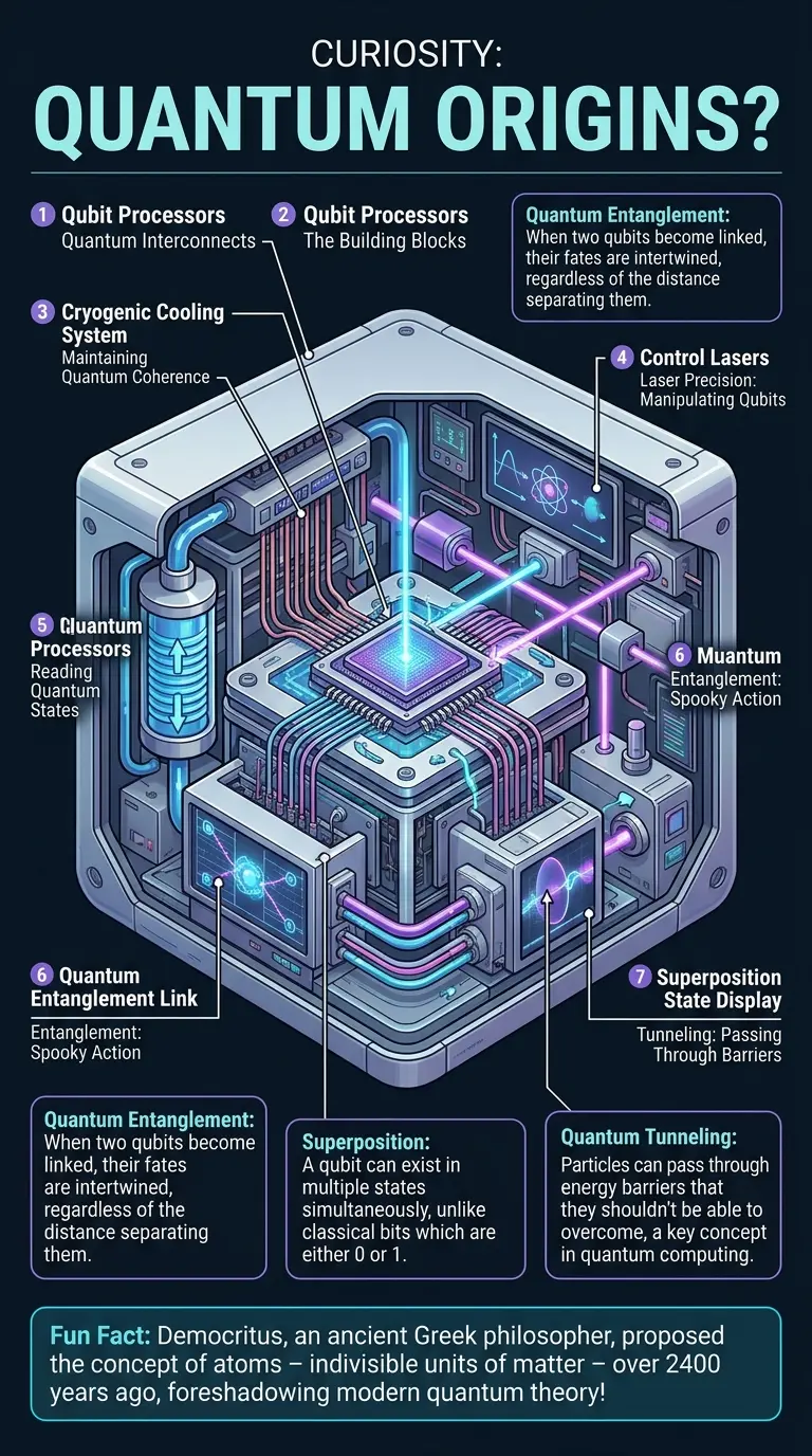 Infographic showing the internal workings of a quantum computer with labelled components and explanations of quantum entanglement, superposition and tunneling.