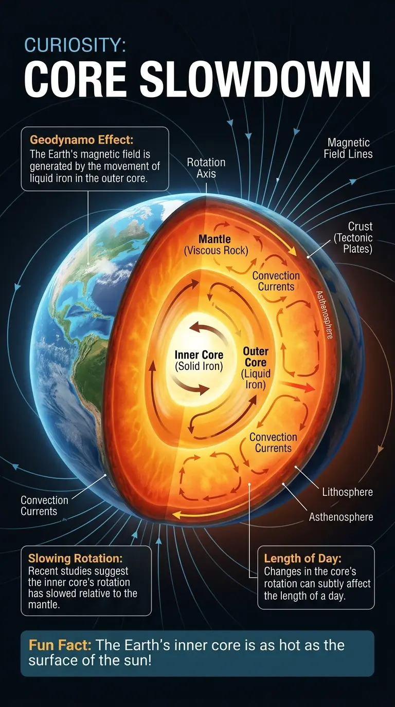Infographic explaining the potential impacts of Earth's core slowing down, including its effect on the planet's magnetic field and day length. #EarthCore #CosmicTimeShift #ScienceInfographic
