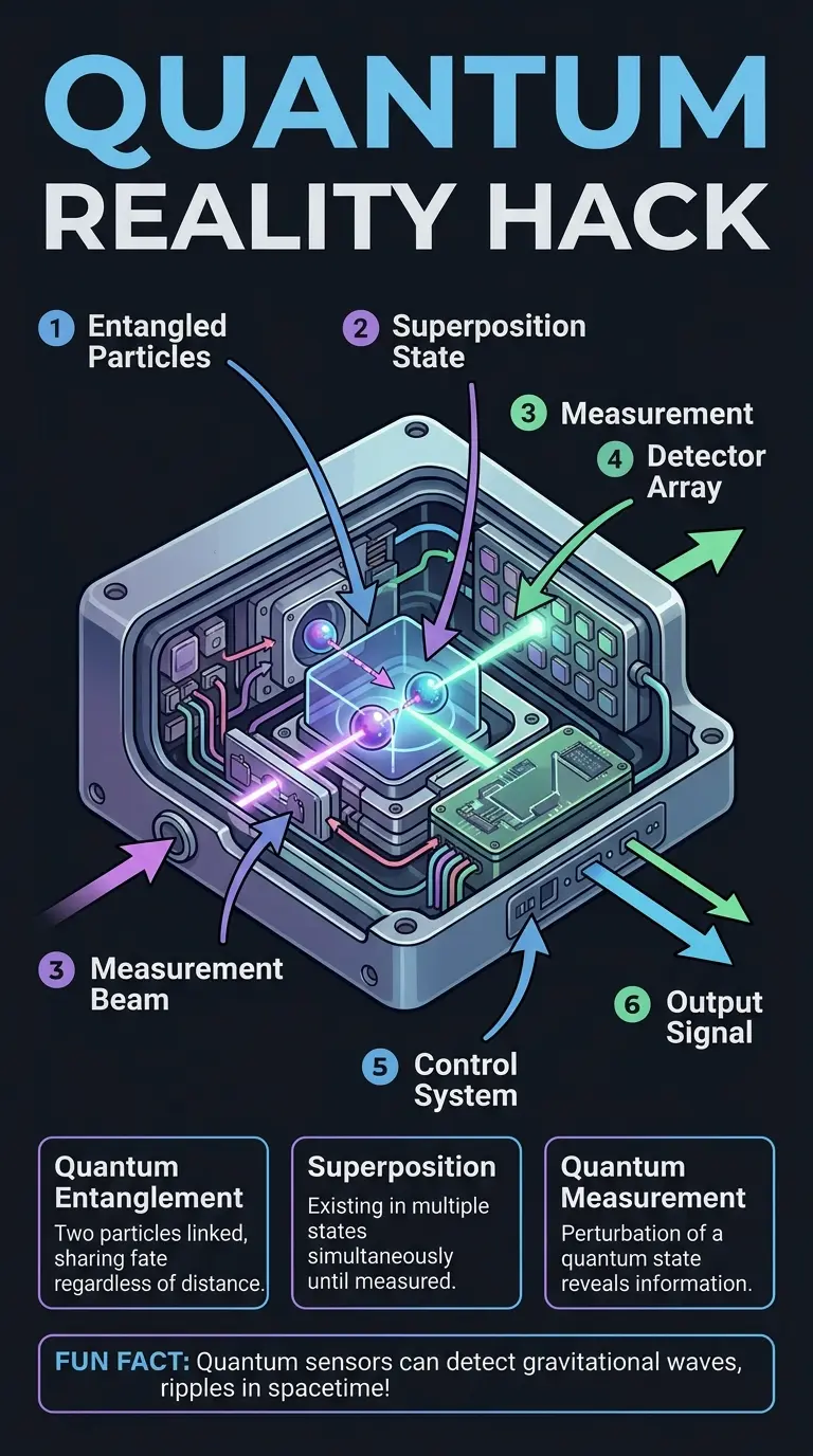 Infographic explaining how quantum sensors work and their potential to reshape our perception of reality, including applications in medicine, navigation, and materials science.