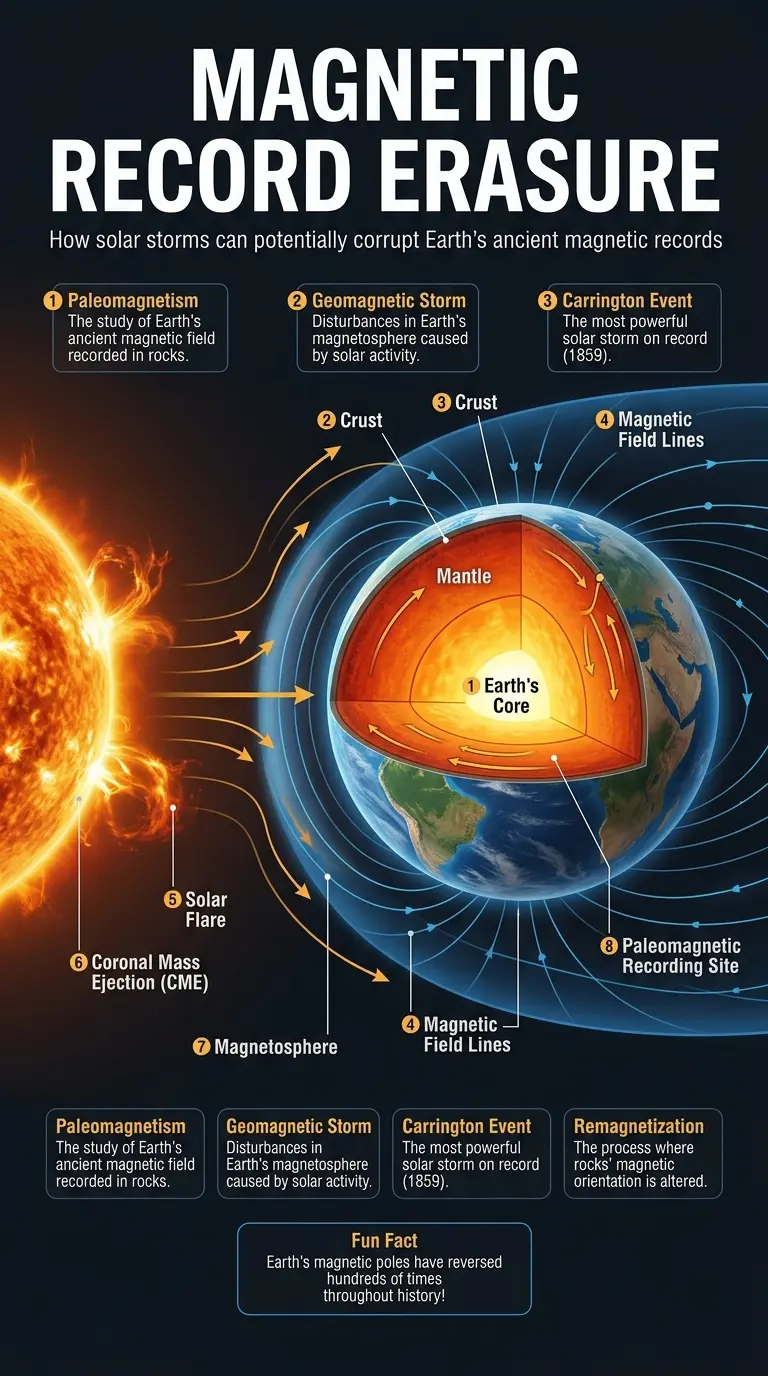 Infographic explaining how solar storms might affect Earth's ancient magnetic records, showing potential data corruption over geological time.