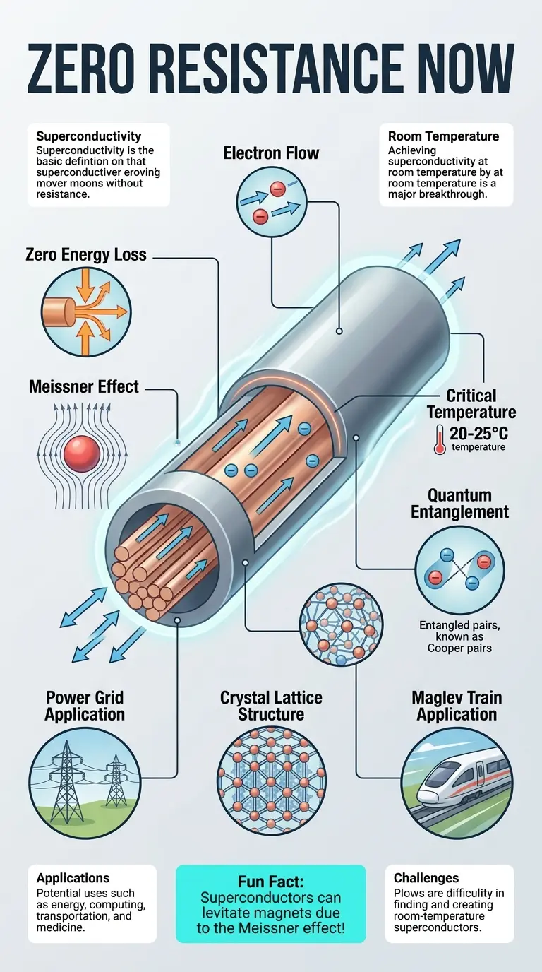 Detailed infographic explaining room-temperature superconductivity, its potential impact on technology and energy, and the latest research efforts.