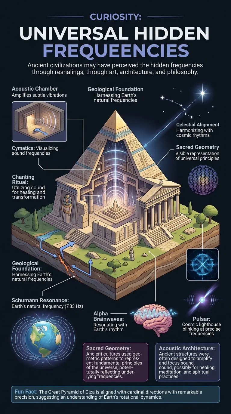 Infographic exploring how ancient civilizations might have detected universal hidden frequencies through architecture, sound, and sacred geometry. #AncientWisdom #HiddenFrequencies #SacredGeometry