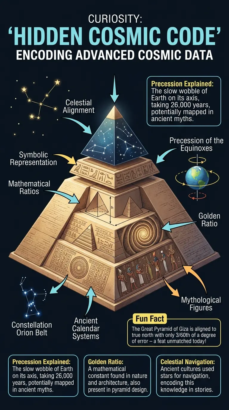 Infographic explaining how ancient myths might encode advanced cosmic data, showing celestial alignments and symbolic representations.