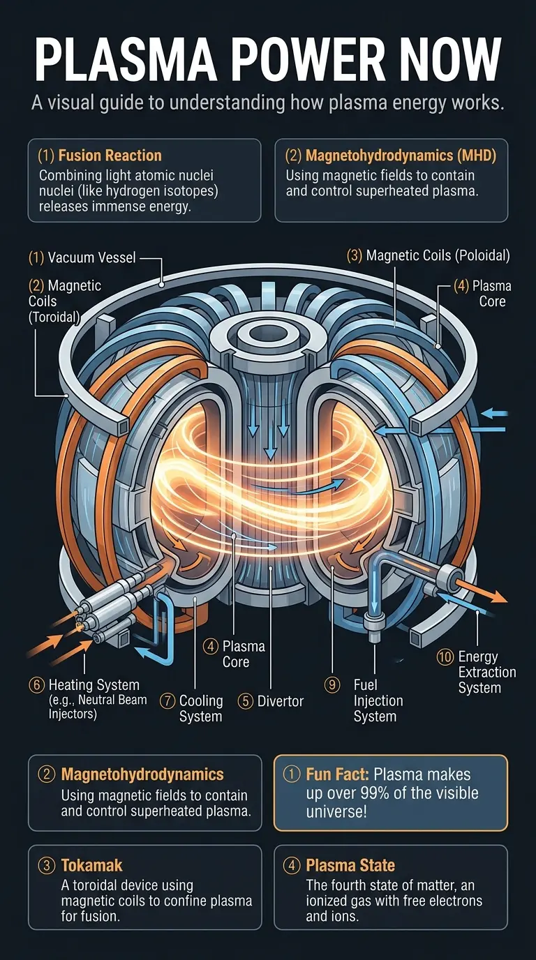 Detailed infographic explaining plasma energy, fusion reactors, magnetohydrodynamics, and the potential of limitless energy. #plasmaenergy #fusion #science #infographic