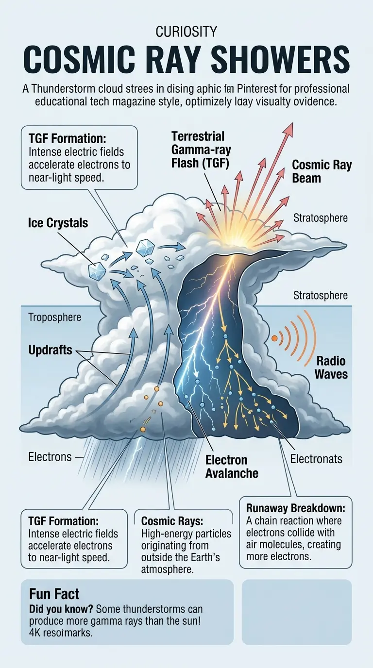 Infographic explaining the science behind thunderstorms producing high-energy cosmic rays.