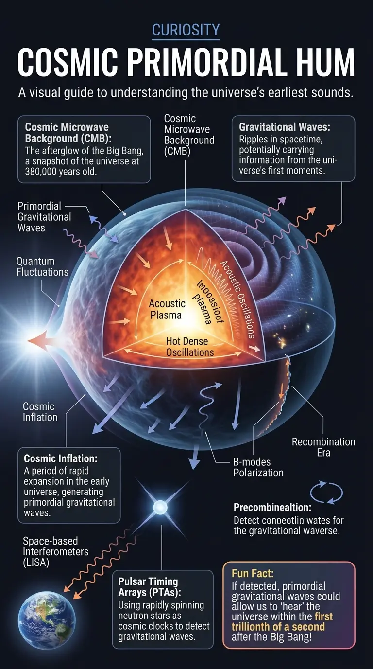 Infographic explaining the science behind the universe's primordial hum, including cosmic microwave background, gravitational waves, and detection methods.