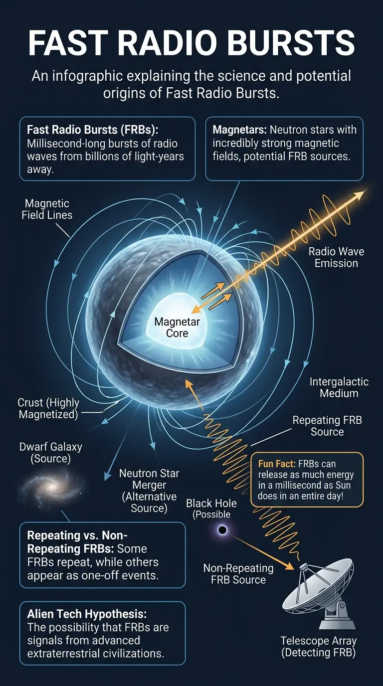 Detailed infographic explaining Fast Radio Bursts (FRBs), their potential origins including natural phenomena and alien technology, and future research directions. #FastRadioBursts #Astronomy #AlienTech #SpaceExploration