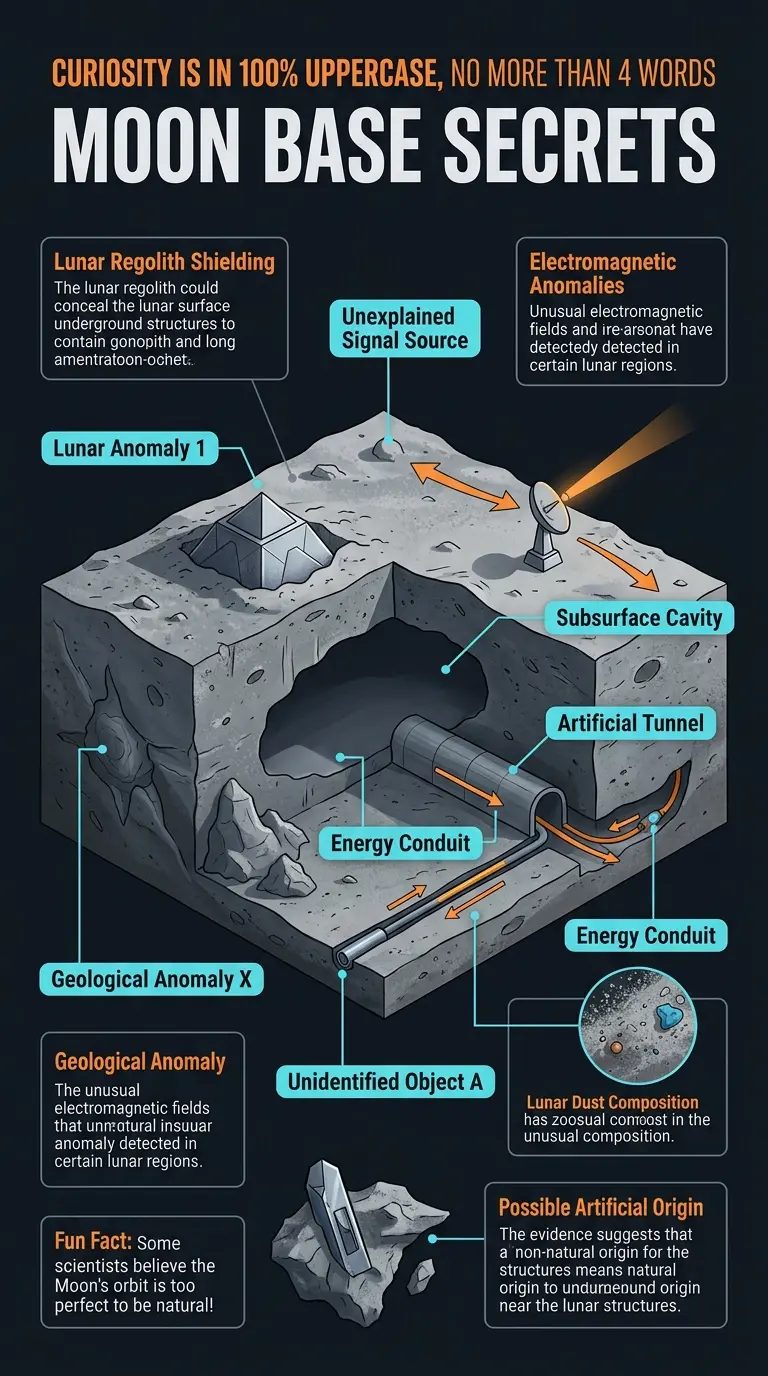 Detailed infographic explaining anomalies and unexplained technology found on the Moon, including possible artificial structures and unusual geological features.