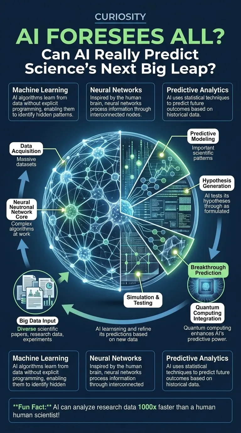 Infographic explaining how AI predicts scientific breakthroughs, showing neural networks, data analysis, and potential future technologies.