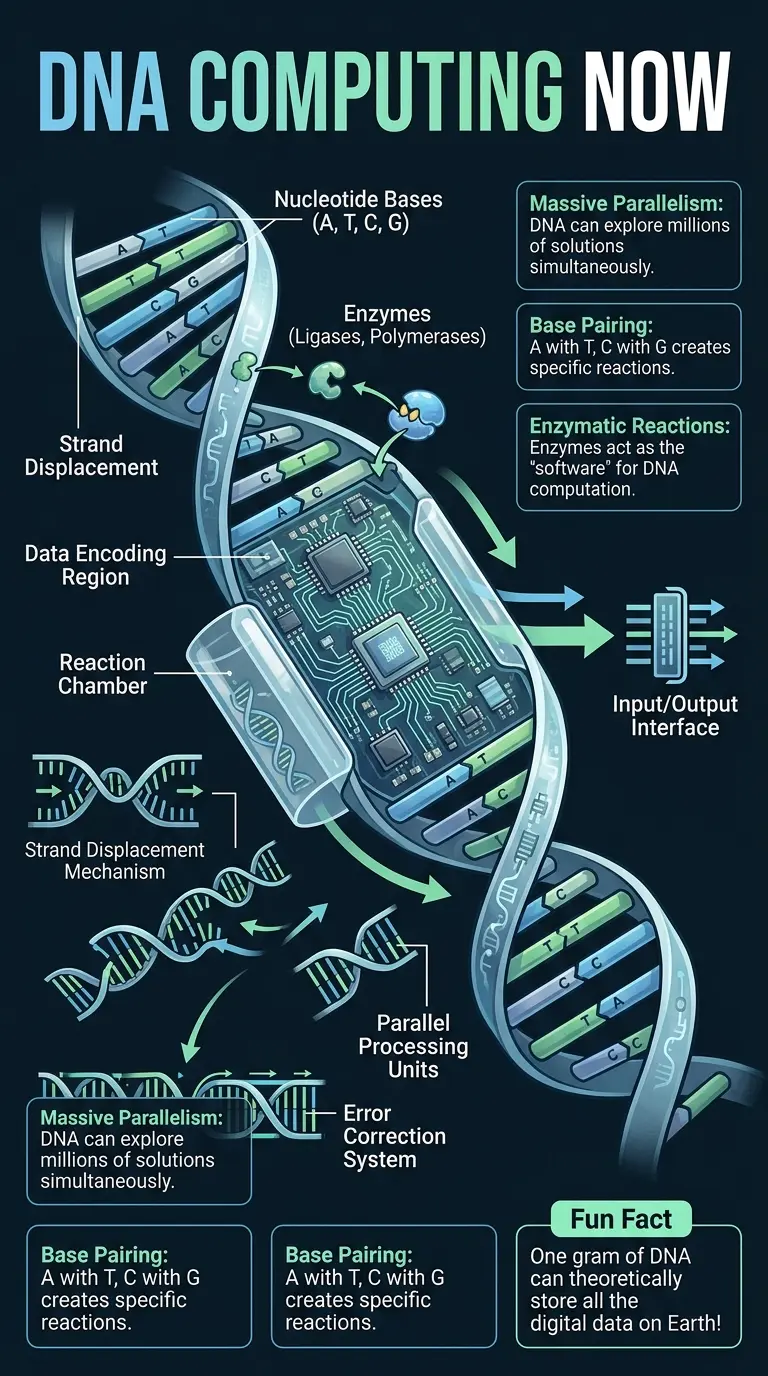 Detailed infographic explaining DNA computing, its potential to revolutionize AI, and how it works.
