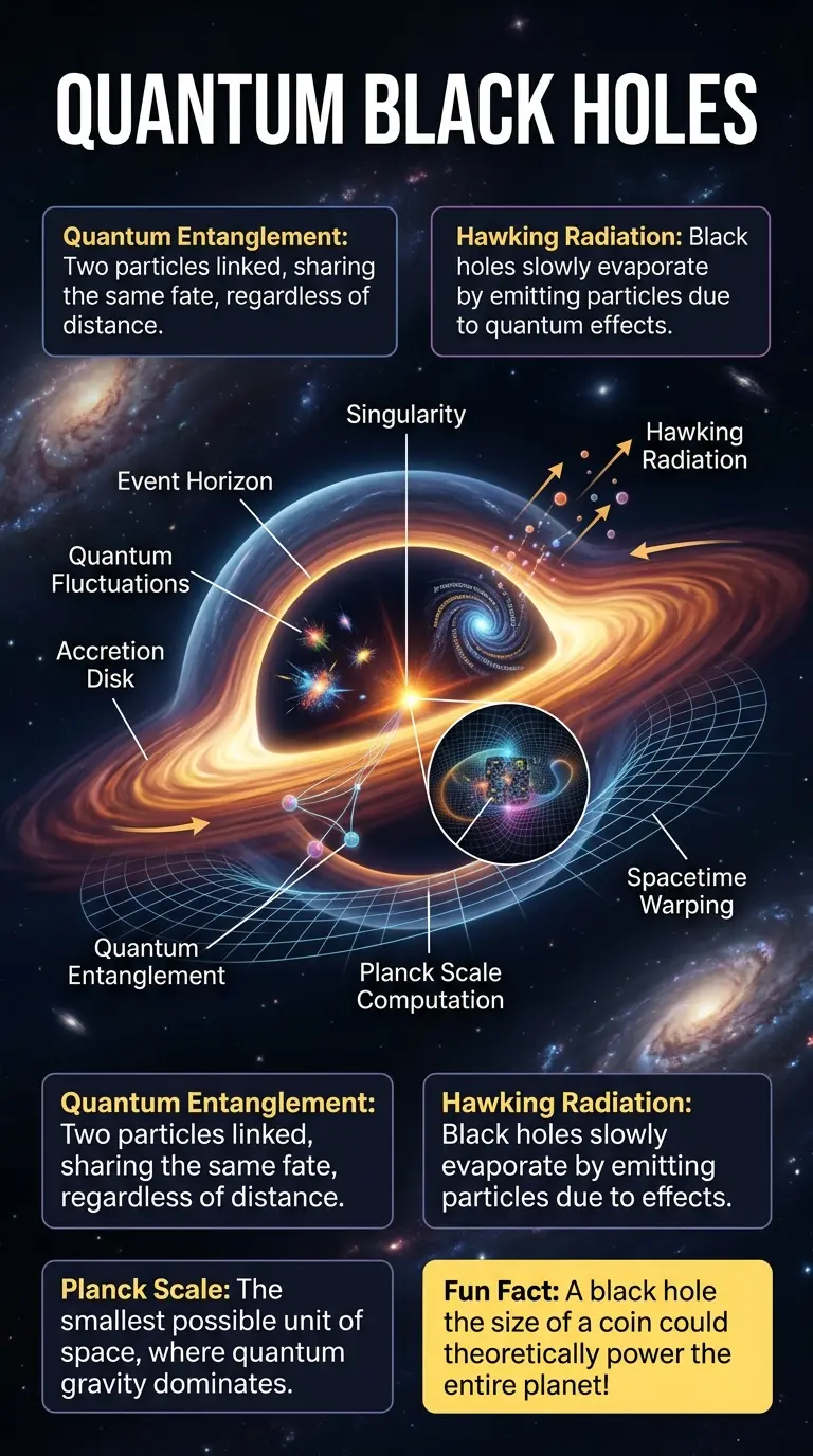 Infographic explaining the theoretical possibility of black holes acting as quantum computers, showing internal structure and quantum processes.