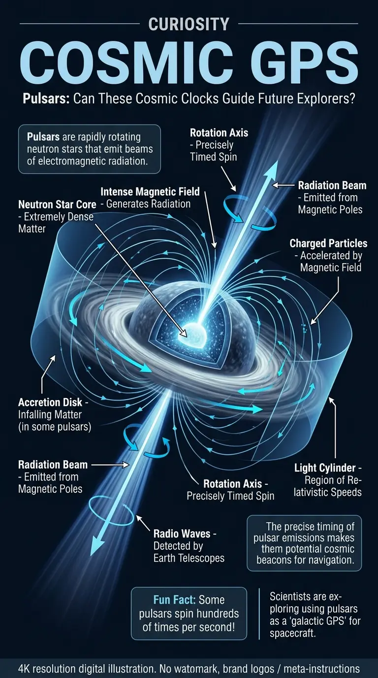 Infographic explaining the inner workings of pulsars, their components, and how they can be used for navigation.