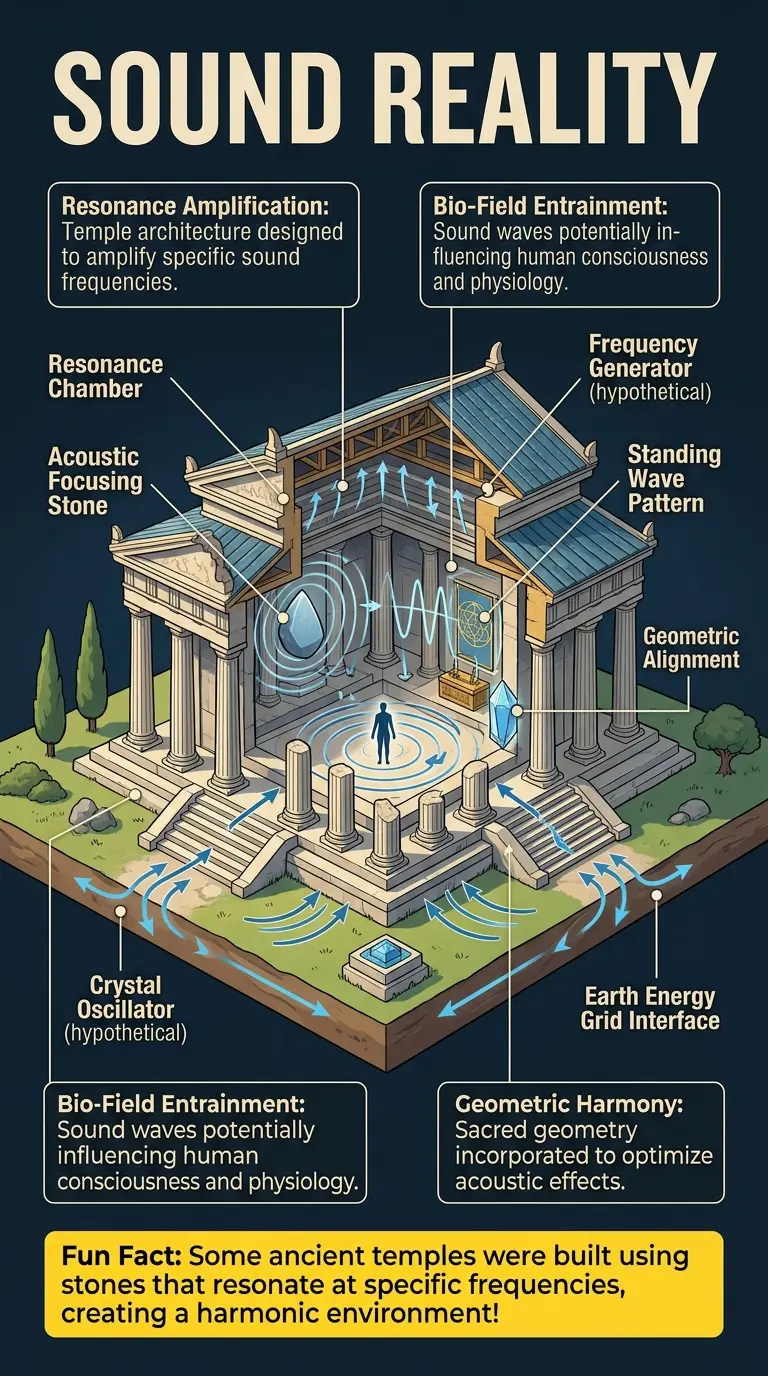 Infographic explaining how ancient civilizations may have used sound frequencies to program reality, including diagrams of temples, sound chambers, and potential bio-field interactions. #ancienttechnology #soundhealing #consciousness #history #science