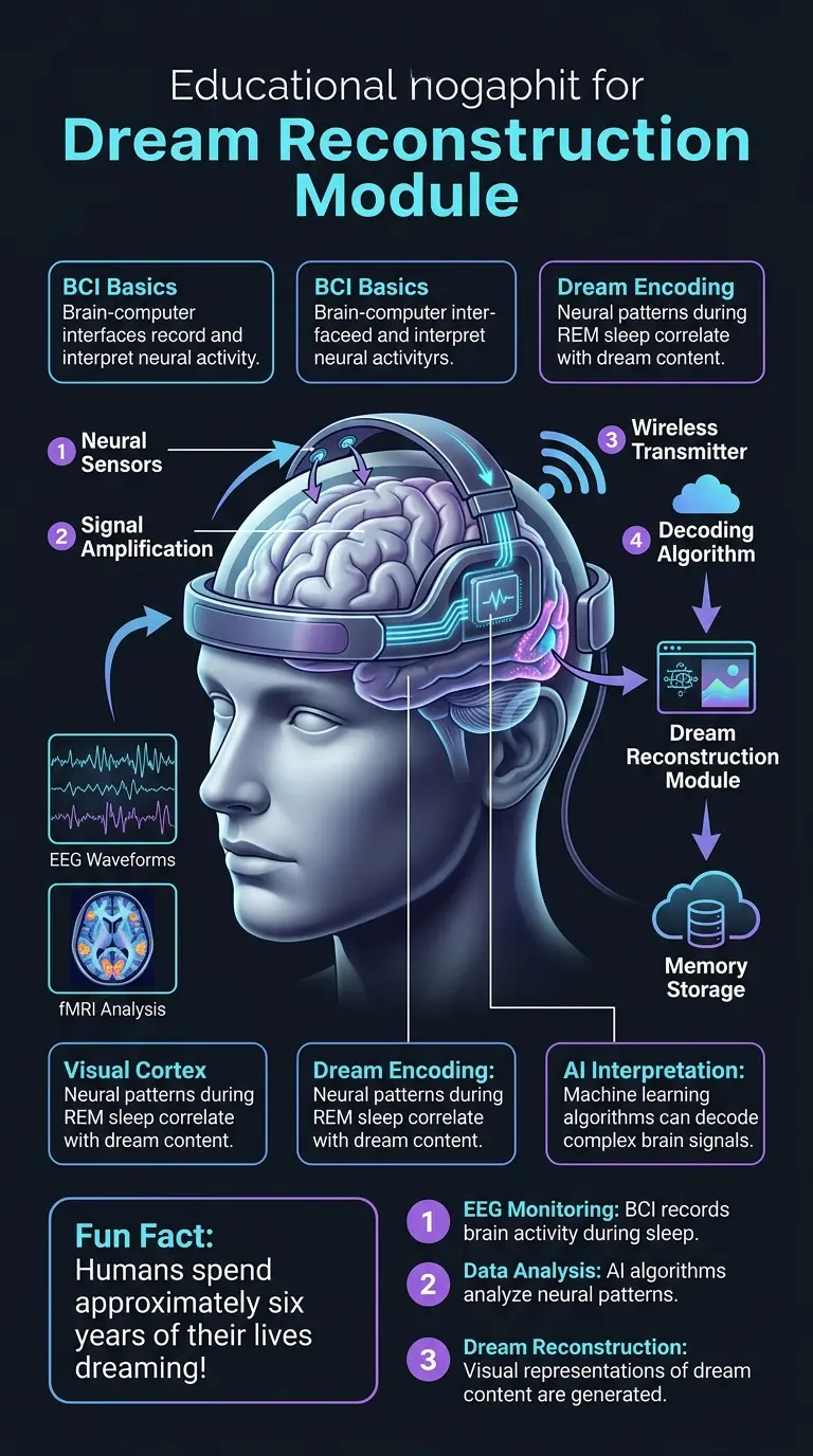 Infographic explaining how brain-computer interfaces might one day read and interpret human dreams, showcasing the technology and potential applications.