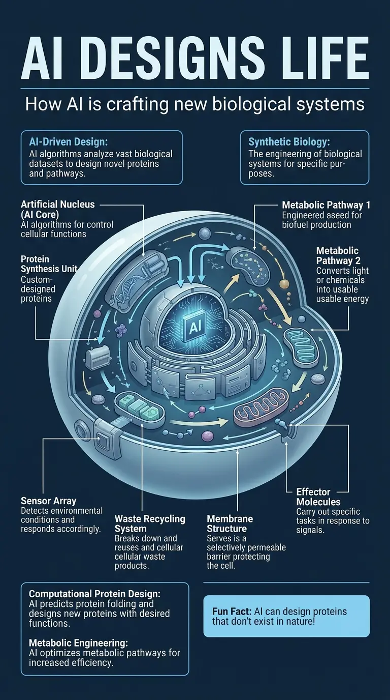 Infographic explaining how artificial intelligence is being used to design new life forms, including proteins, metabolic pathways, and synthetic cells. #AI #SyntheticBiology #Biotechnology