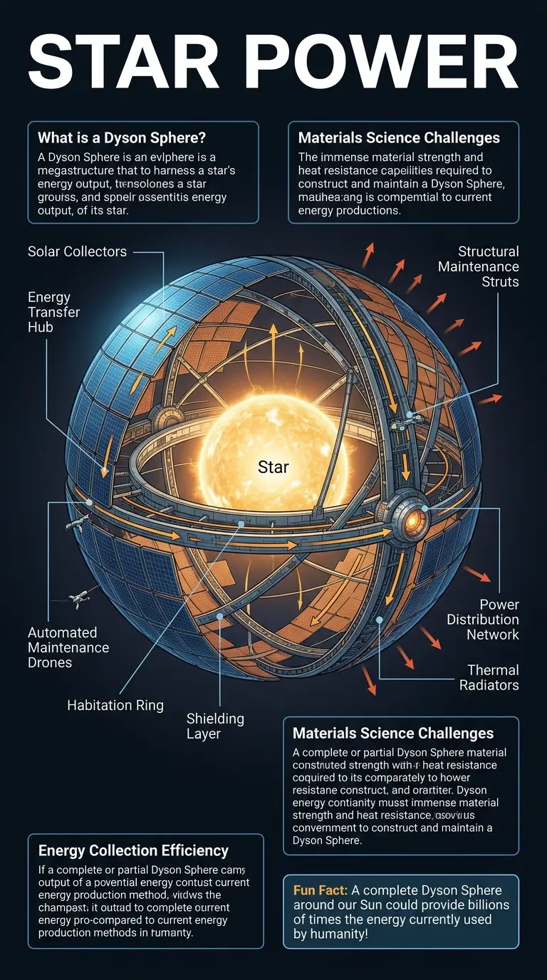Detailed infographic explaining the components and concept of a Dyson Sphere, a hypothetical megastructure harnessing a star's energy.