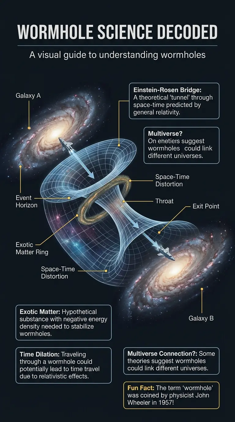Detailed infographic explaining the science of wormholes, including their structure, exotic matter requirements, and potential for connecting different universes.