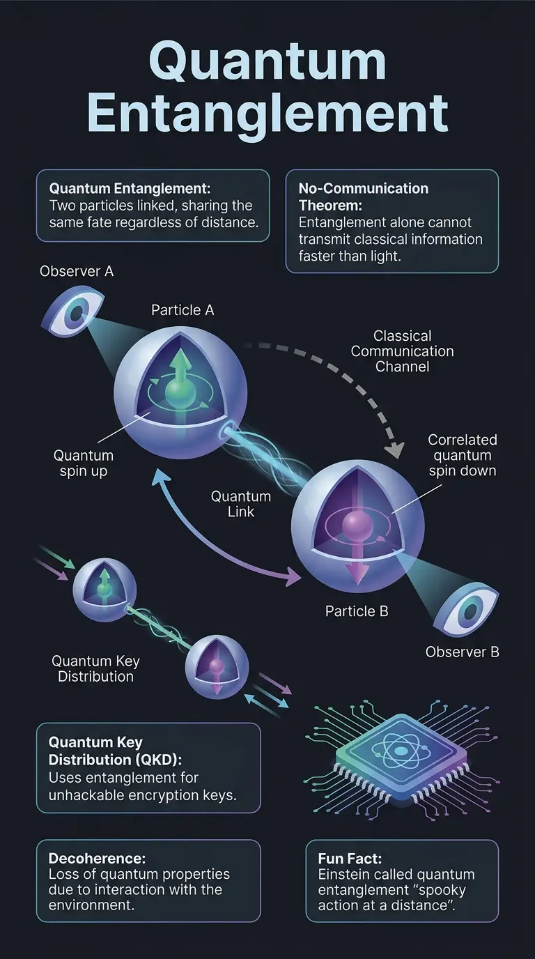 Educational infographic explaining quantum entanglement, its limitations for FTL communication, and its current applications in quantum technology.