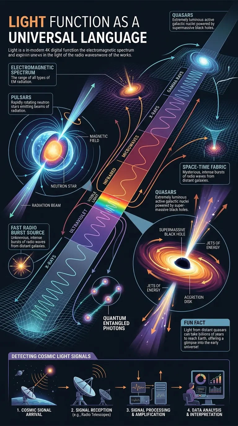 Infographic explaining how light acts as a universal language, decoding cosmic messages through the electromagnetic spectrum, pulsars, quasars, and quantum entanglement.