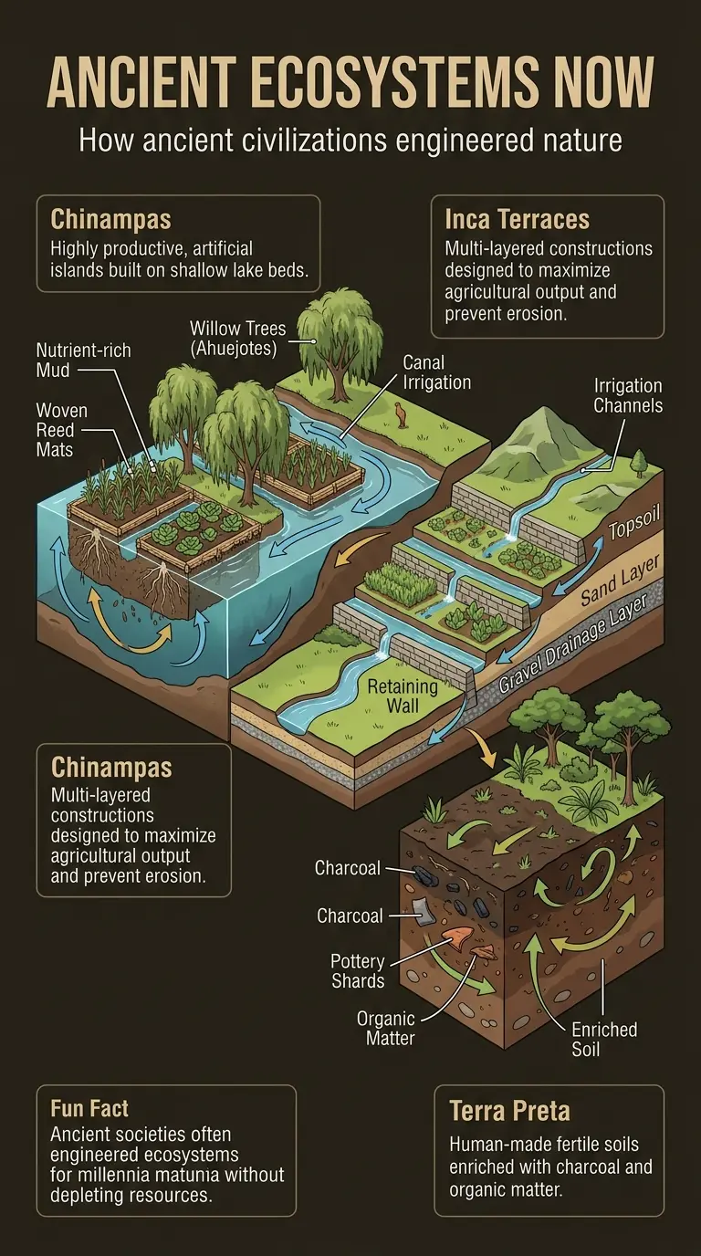 Infographic explaining ancient ecological engineering techniques like Chinampas, Inca terraces, and Terra Preta, and their relevance to modern sustainability.